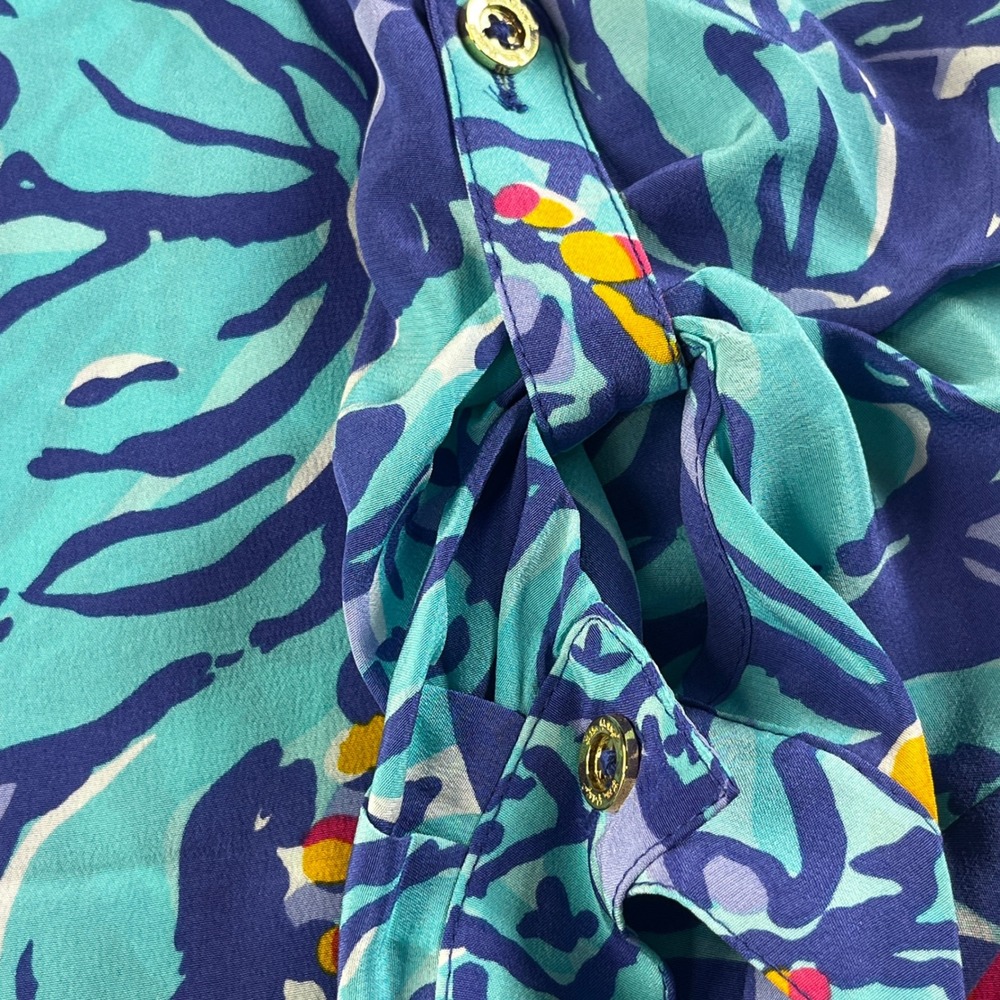 Lilly Pulitzer Elsa Silk Blouse XS Blue Teal Pineapple Floral Long Sleeve Top - Picture 7 of 7